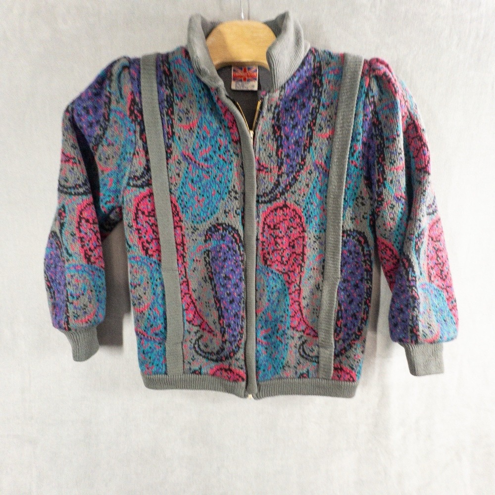Vtg Cherry Stix Knit Sweater Jacket Full Zip‎ Womens Small Paisley Pattern